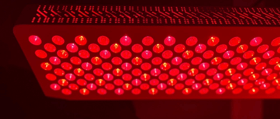Close-up of a red light therapy panel